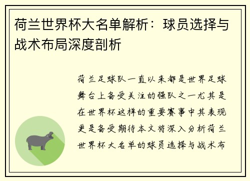 荷兰世界杯大名单解析：球员选择与战术布局深度剖析